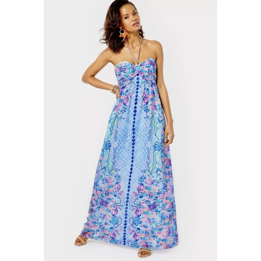 Lilly Pulitzer‎ Viv Maxi Dress Womens 10 Blue Multi Halter Resort Preppy NWT